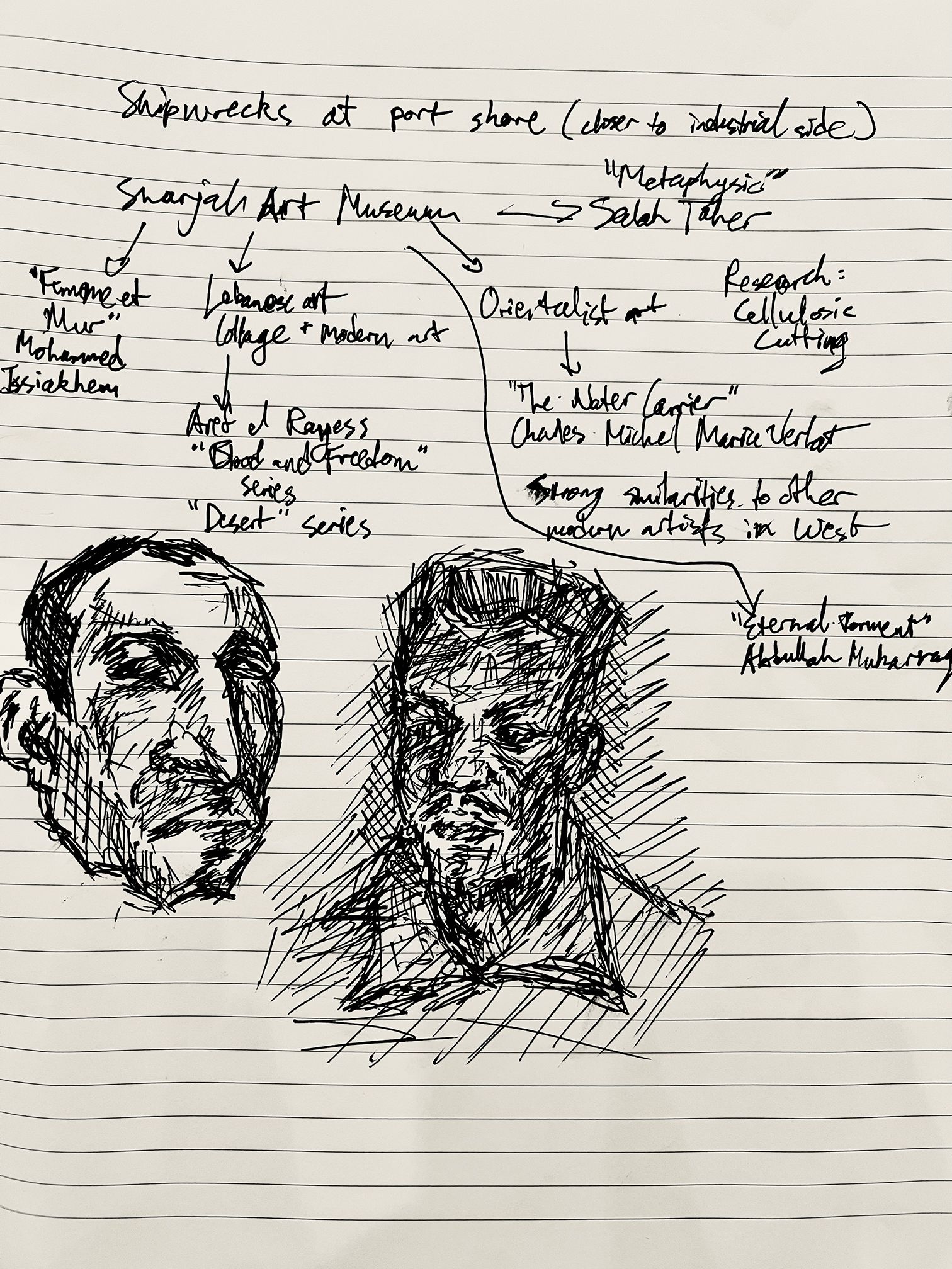 Quick character sketches and notes done during an art museum excursion in Sharjah, UAE.