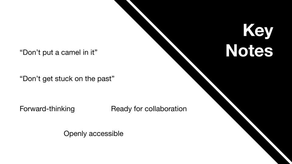 Key notes from design brief: "Don't put a camel in it," "Don't get stuck on the past," forward-thinking, ready for collaboration, openly accessible.