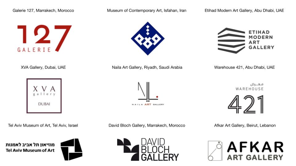 Reference logos from galleries in the Middle East: Galerie 127, Museum of Contemporary Art, Etihad Modern Art Gallery, XVA Gallery, Naila Art Gallery, Warehouse 421, Tel Aviv Museum of Art, David Bloch Gallery, Afkar Art Gallery.