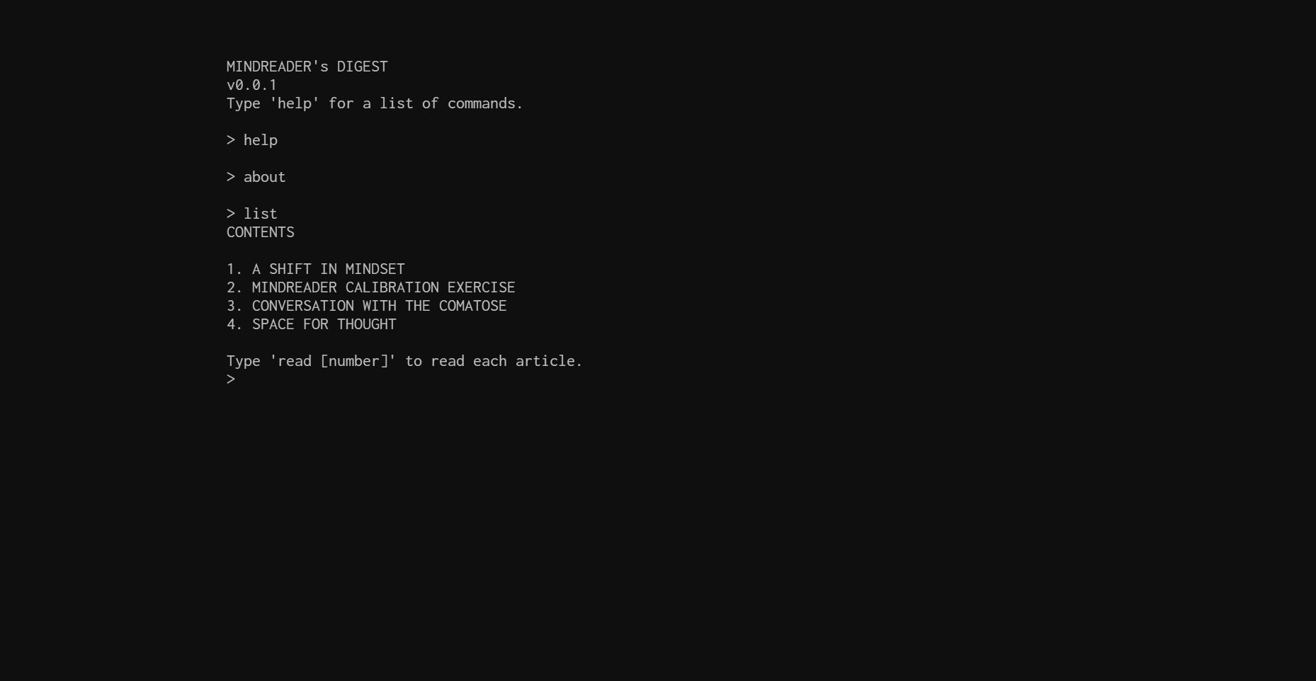 The MindReader's Digest e-magazine interface.