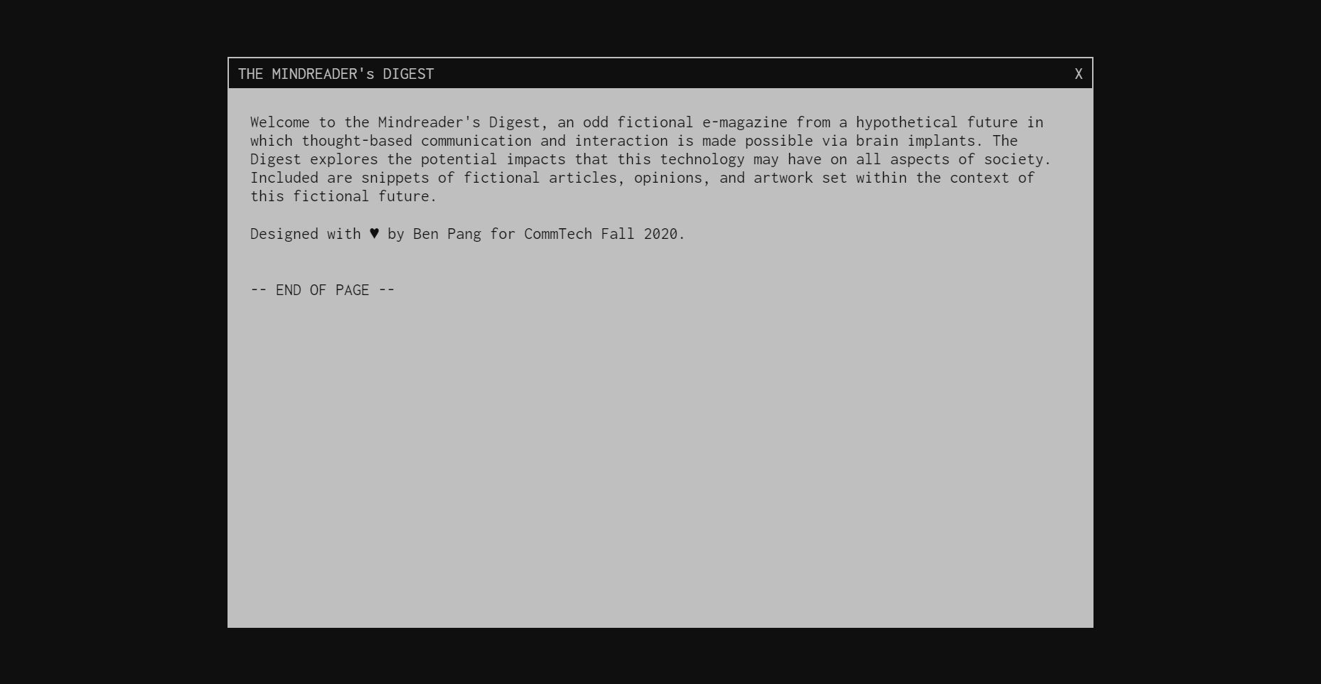 Description of the MindReader's Digest.