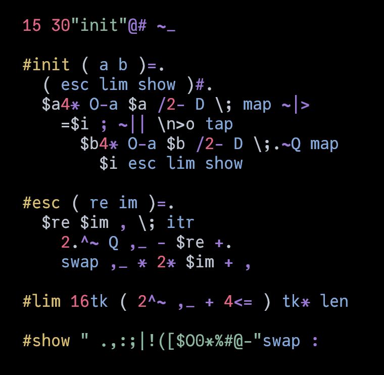 sclin code for generating an ASCII Mandelbrot set.