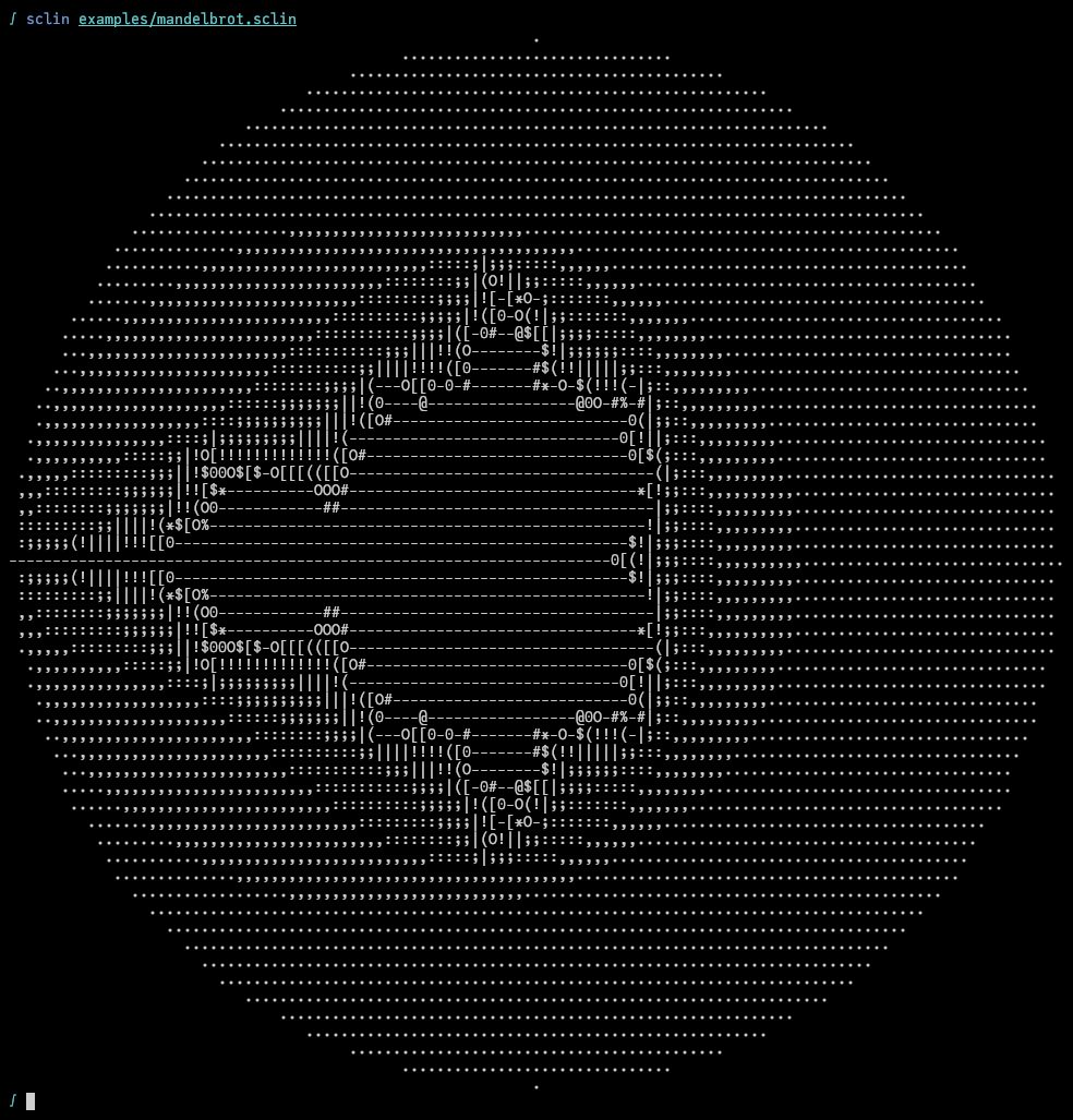 Terminal output of the sclin ASCII Mandelbrot generator.