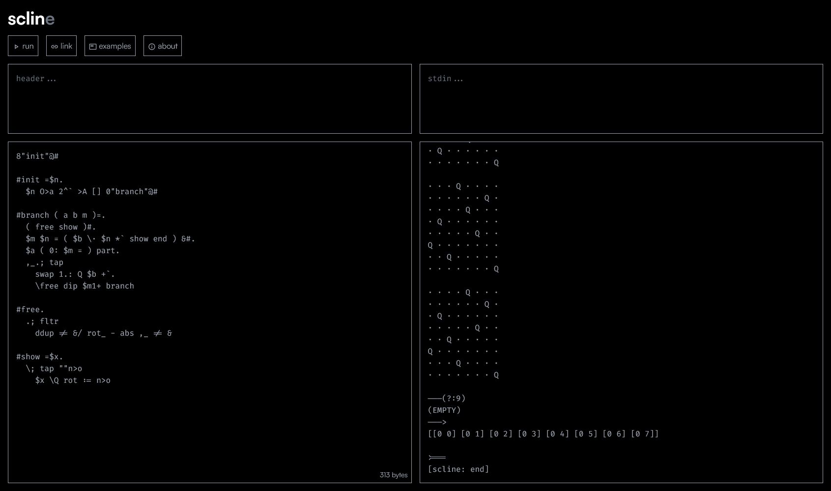 Web interface of scline, the online interpreter for sclin.